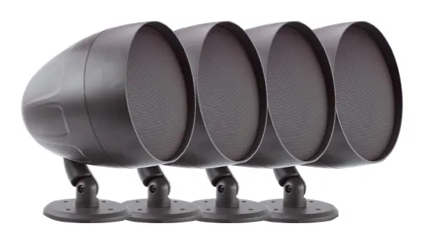 Product image of four TruAudio AS-2 landscape satellite speakers on ground stakes, arranged in a row.
