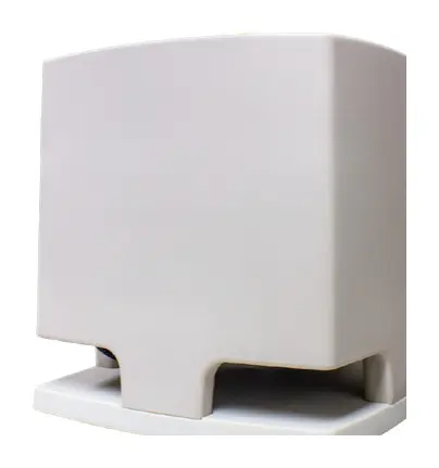 Product image of the TruAudio HS-SUB-12 hardscape subwoofer, a compact enclosure on a moulded base, shown in its light finish.