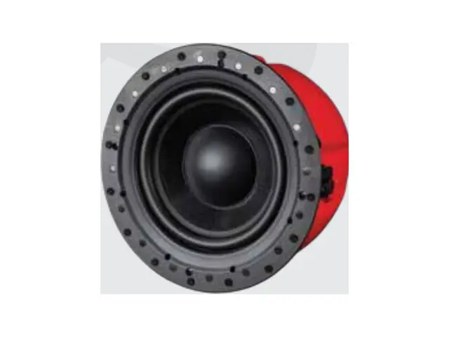Product image of the TruAudio IC-SUB-8 in-ceiling subwoofer, showing the driver and mounting frame with the grille removed.