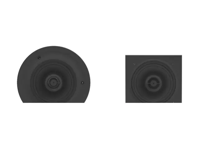 Product image of the TruAudio LF Series compact in-ceiling speakers — one round and one square, both with frameless grilles.