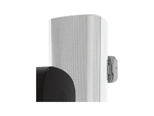 Product image of the TruAudio OP6 outdoor wall-mount speaker in white and black finishes, shown on its pivoting wall plate.