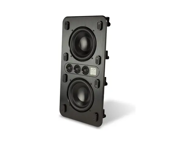 Product image of a single Origin Acoustics Select Series in-wall speaker with its grille removed, showing two woofers and a horizontal three-tweeter array.