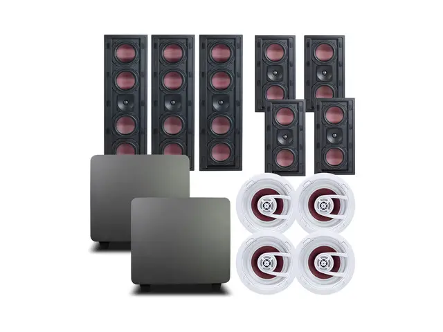 Product image of an Origin Acoustics Select Series home theatre package — three tall in-wall left, centre and right speakers, four in-wall surrounds, four in-ceiling speakers and two subwoofers.