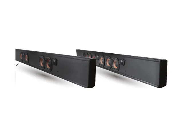 Product image of two TruAudio custom length soundbars in black, shown at different lengths with the front wire pass-through connector.