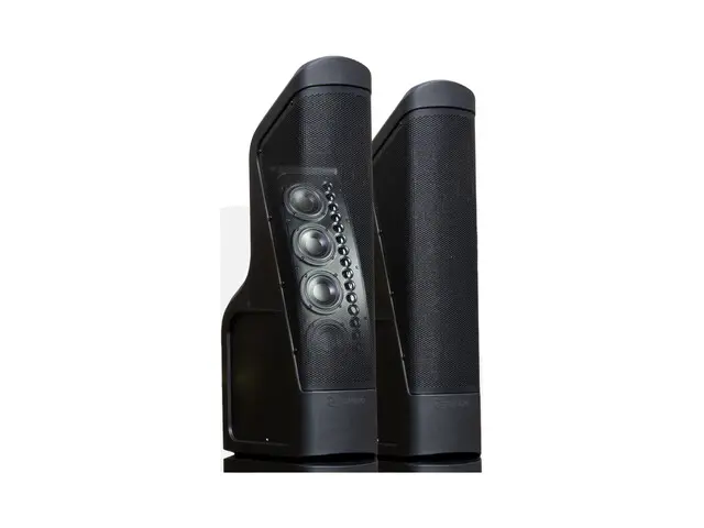 Product image of two TruAudio Tempest Tower outdoor line array bollards, tall slim columns with a vertical array of drivers.