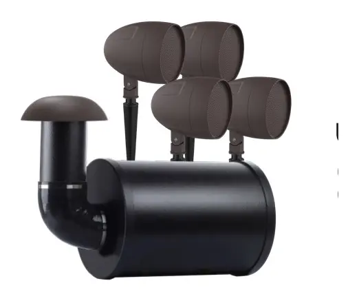 Product image of the TruAudio UltraScape10 landscape audio system — a cylindrical burial subwoofer with four spike-mounted satellite speakers.