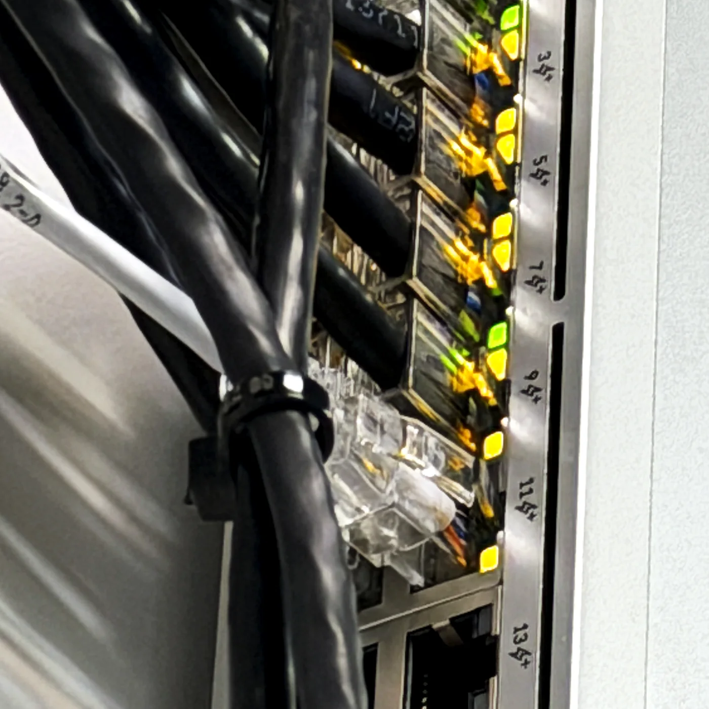 Close view of a patch panel with numbered port labels and terminated cables entering from the left.